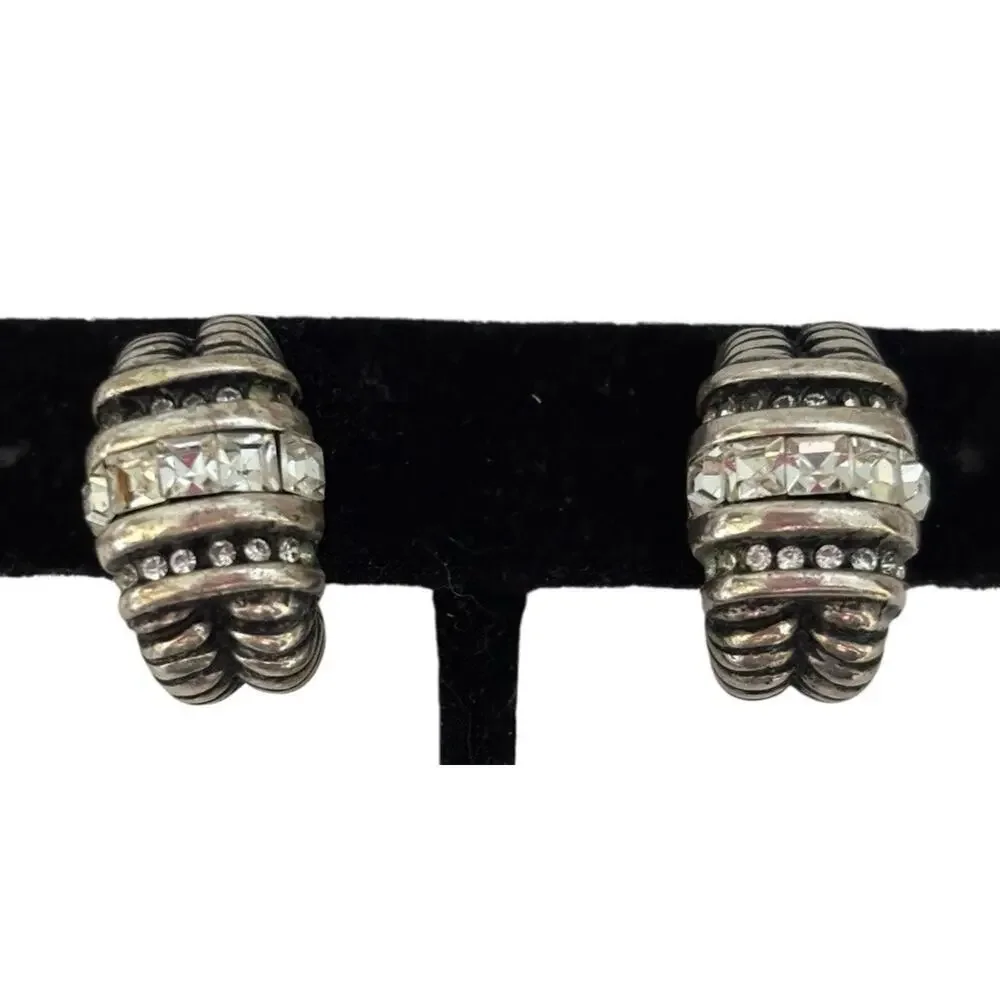 Silver Tone Renaissance Revival Half Hoop Clip On Crystal Earrings High End